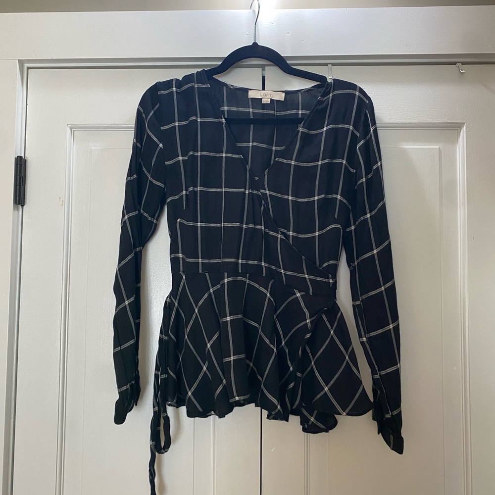 LOFT Black and White Grid Blouse